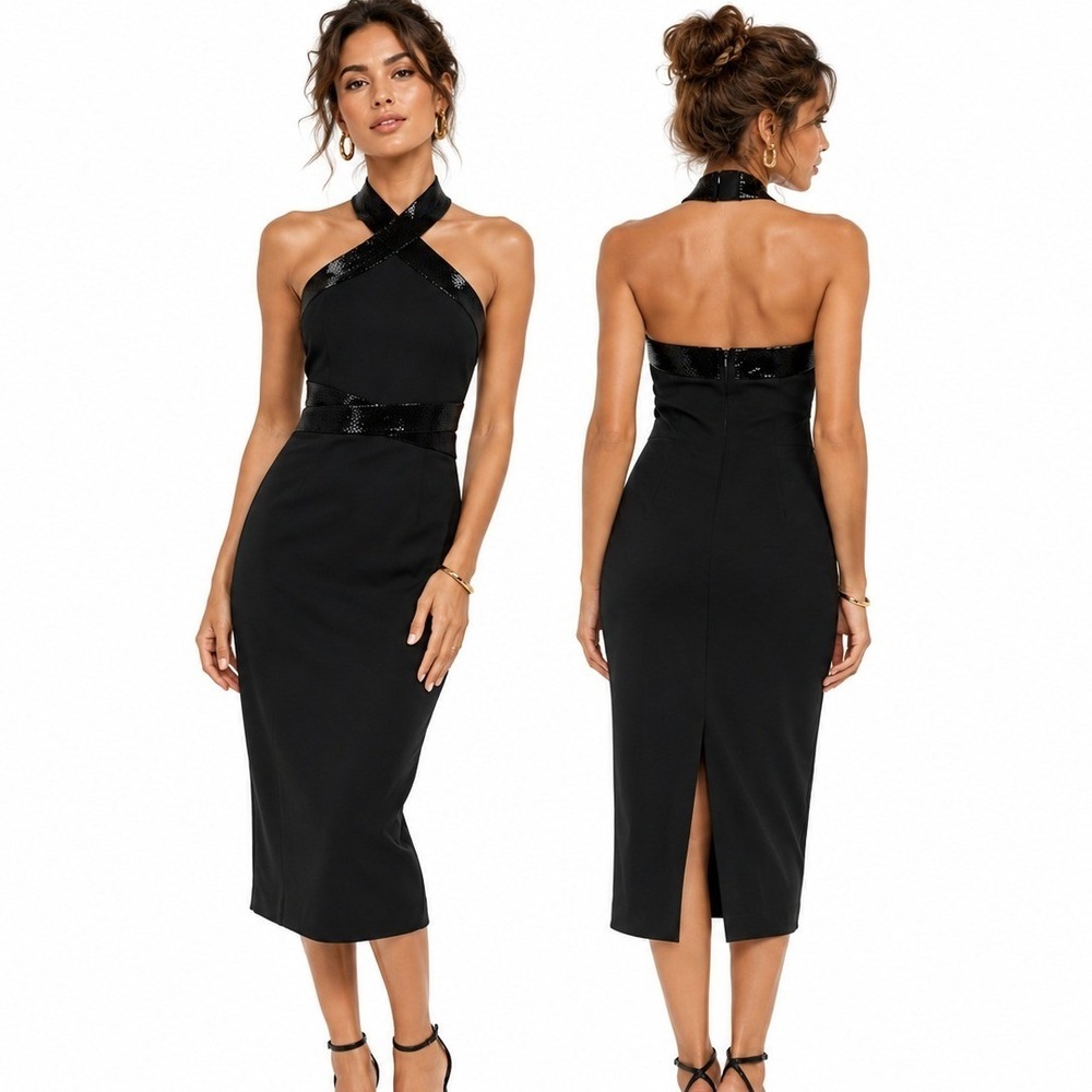 WHBM Dress 6P Black Beaded Halter Sheath Cocktail Chic LBD Minimalist Event Glam